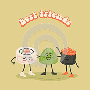 Cartoon characters are best friends. Japanese kawaii nigiri sashimi, sushi maki, vassabi with text. Asian food. Doodle drawn