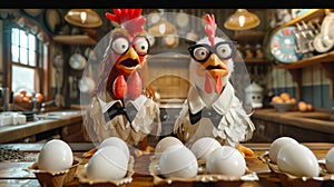Cartoon characters - a chicken and a rooster hatching eggs. 3d illustration