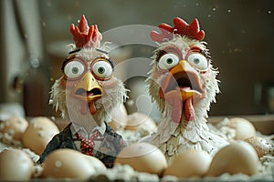 Cartoon characters - a chicken and a rooster hatching eggs. 3d illustration