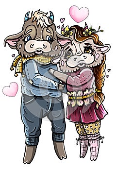 Cartoon characters, couple in love, kind bull in a sweater and scarf, with long ears and small horns and pretty cow