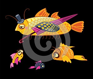 Cartoon characters, dandy fish with umbrella