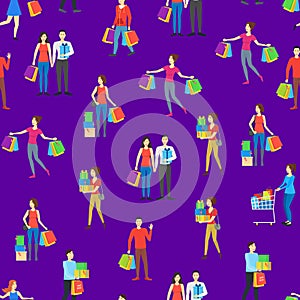 Cartoon Characters Different Shopping People Seamless Pattern Background. Vector