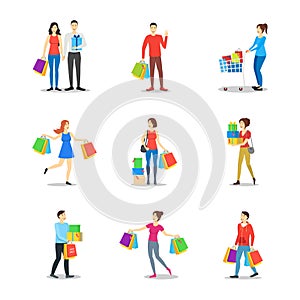 Cartoon Characters Different Shopping People Set. Vector