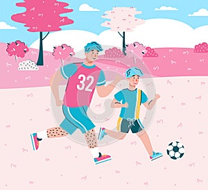 Father and son playing football together, flat cartoon vector illustration.