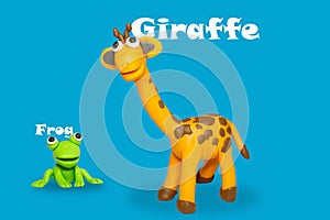 Cartoon characters, frogs and giraffes isolated on blue background