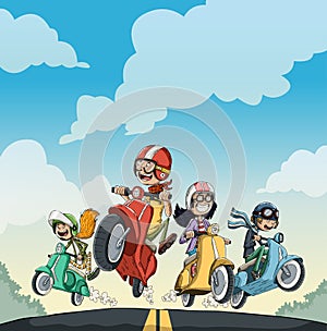 Cartoon characters with helmets riding scooters.