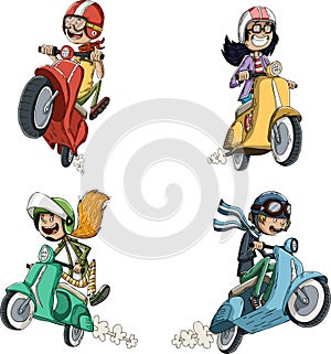 Cartoon characters with helmets riding scooters.