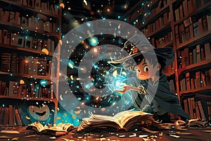 cartoon characters in a magic bookstore duel photo