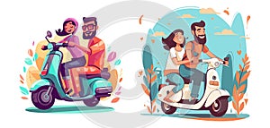 Cartoon characters on mopeds, couples in love on a white background.