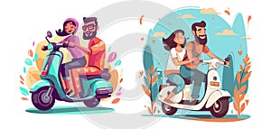 Cartoon characters on mopeds, couples in love on a white background. photo