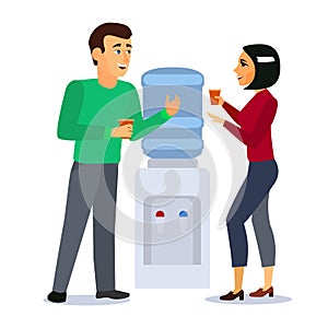 Cartoon Characters People around Water Cooler Gossip Concept. Vector