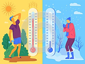 Cartoon Characters People and Hot or Cold Weather Concept. Vector