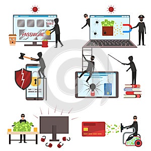 Cartoon Characters People Internet Hackers Set. Vector