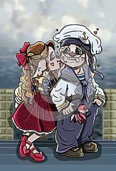 Cartoon characters, sailor and kind girl are standing on the pier against the background of the sea and clouds.