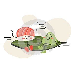 Cartoon characters sitting on a leaf and talking. Japanese roll with vassabi. Asian dish. Doodle drawn vector illustration for
