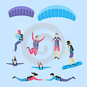 Cartoon Characters Skydiving and Parachuting People Set. Vector