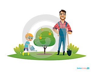 Cartoon characters, smiling father and son in rubber boots with gardening tools plant apple tree in garden. Parental