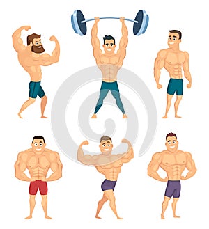 Cartoon characters of strong and muscular bodybuilders posing in different poses