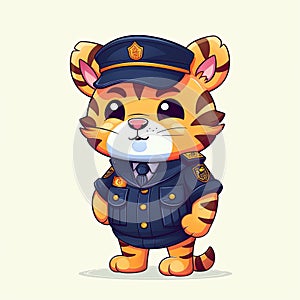 Cartoon characters and tiger cubs with happy faces. Cute tiger cub wearing police dresses. Beautiful tiger police cartoon design
