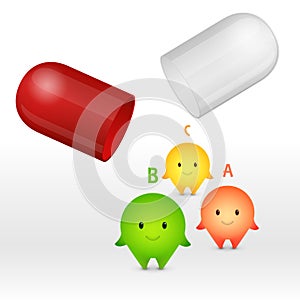 Cartoon characters. Vitamin pills and medicine capsule.