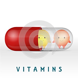 Cartoon characters. Vitamin pills and medicine capsule.