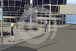 Cartoon characters walking in modern city3