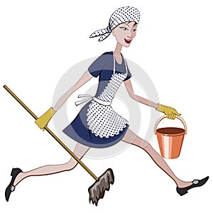 Cartoon charwoman running with a bucket and mop in hand