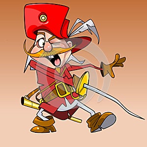 Cartoon cheerful joyful musketeer fencing sword