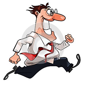 Cartoon cheerful man in a tie and glasses, very fast runs