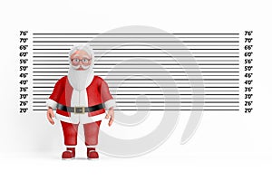 Cartoon Cheerful Santa Claus Granpa in front of Police Lineup or Mugshot Background. 3d Rendering