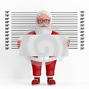 Cartoon Cheerful Santa Claus Granpa with Identification Plate in front of Police Lineup or Mugshot Background. 3d Rendering