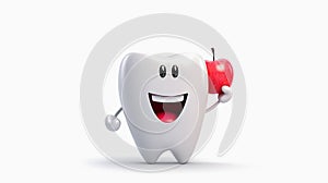 Cartoon cheerful tooth with apple on white background