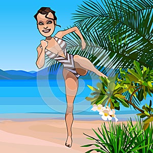 Cartoon cheerful woman dancing furiously on the seashore