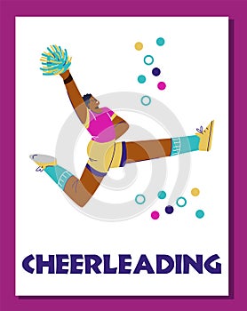 Cartoon cheerleader raised hand up with pompoms and jumping, acrobatic dance, Cheerleading fan motivation vector poster