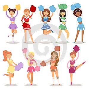 Cartoon cheerleaders girls sport fan dancing cheerleading woman team uniform characters vector illustration