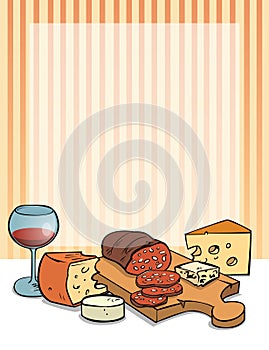 cartoon cheese plate sausage wine menu background