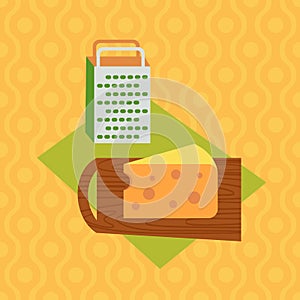 Cartoon cheese slice and grater on textured tablecloth