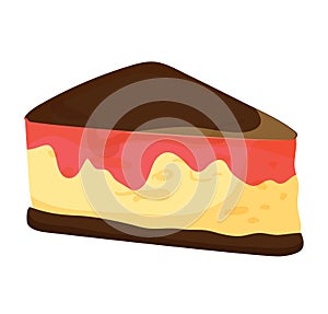 Cartoon cheesecake slice with strawberry topping and chocolate glaze. Delicious dessert illustration with creamy texture