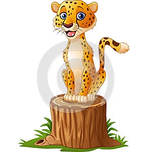 Cartoon cheetah sitting on the tree stump