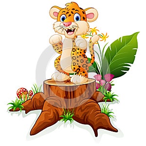 Cartoon cheetah standing on tree stump