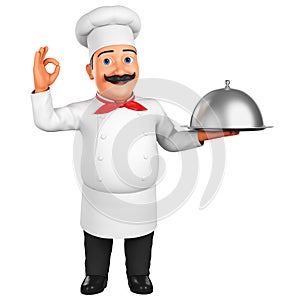 Cartoon chef character with dish showing ok on a white background. 3d rendering. Illustration for advertising