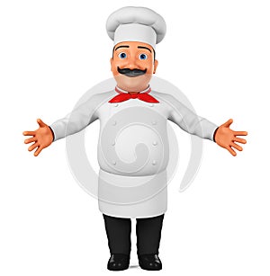 Cartoon chef character is greeting on a white background. 3d rendering. Illustration for advertising