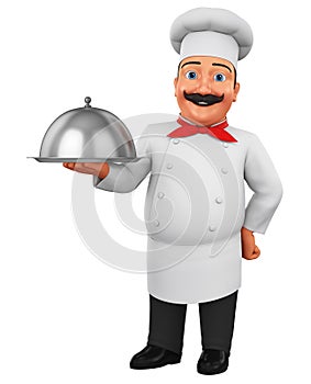 Cartoon chef character holding a dish on a white background. 3d rendering. Illustration for advertising