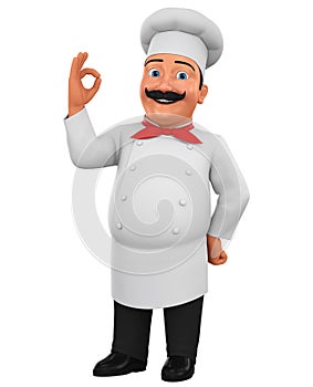Cartoon chef character shows okay on a white background. 3d rendering. Illustration for advertising