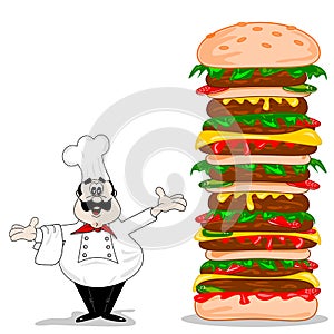 A cartoon chef & cheeseburger