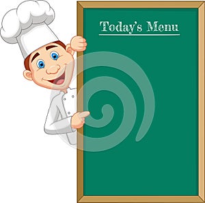 Cartoon chef cloche pointing at a banner or menu