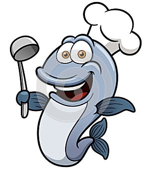 Cartoon chef fish holding soup ladle