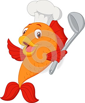 Cartoon chef fish holding soup ladle