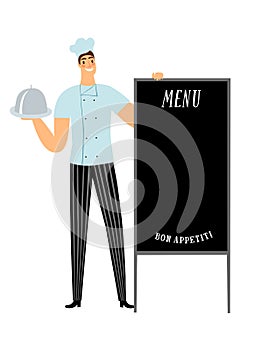 Cartoon chef holding blackboard with menu sign for cafe or restaurant