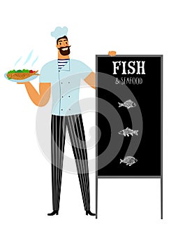 Cartoon chef holding blackboard with menu sign for fish restaurant